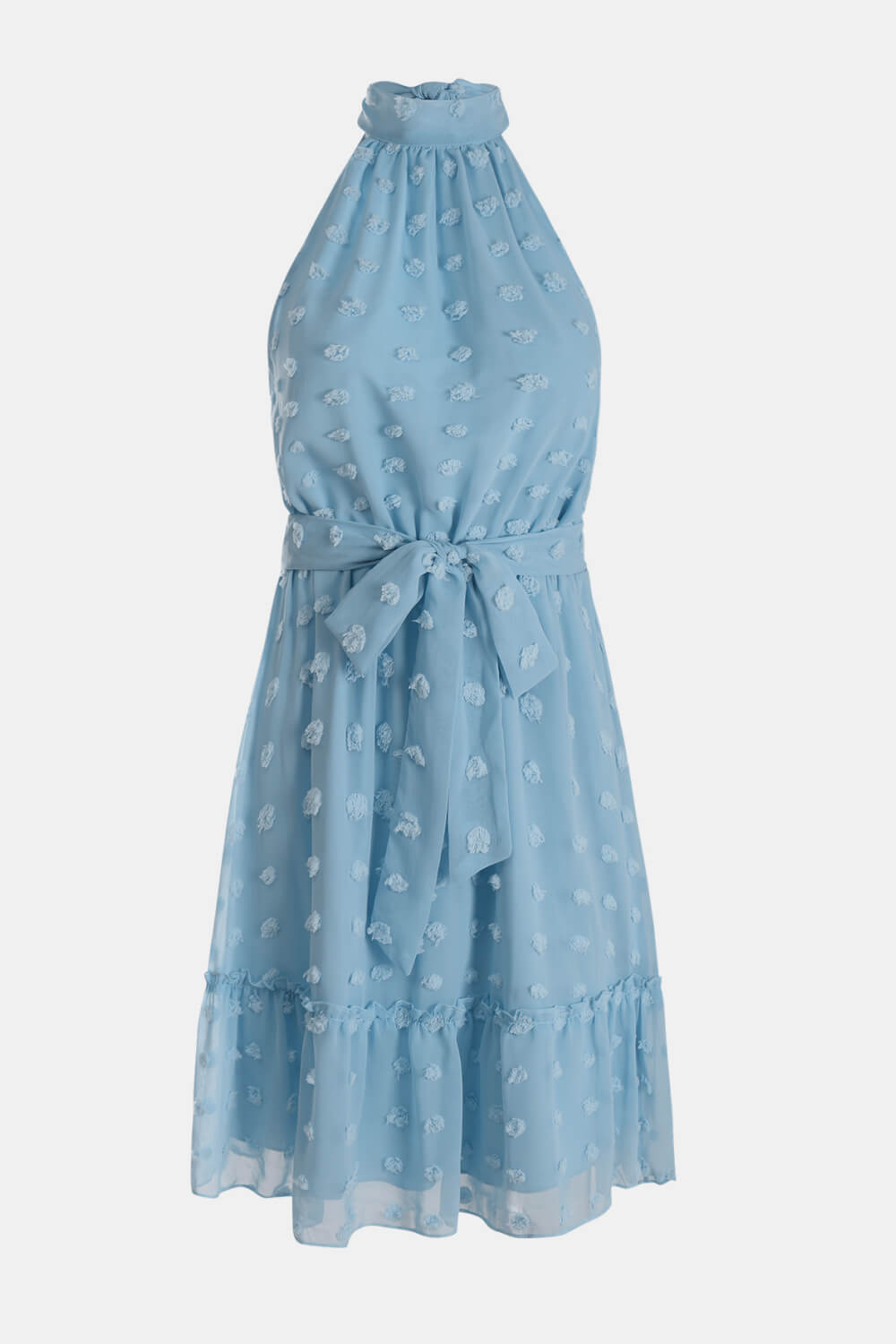 Swiss Dot Tie-Waist Tiered Sleeveless Dress