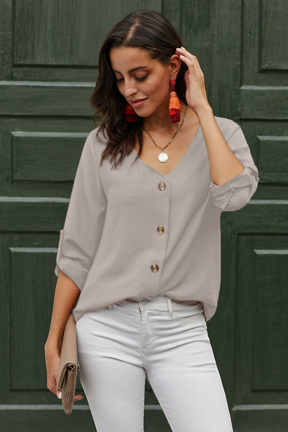 Button Detail Roll Up Sleeve Blouse