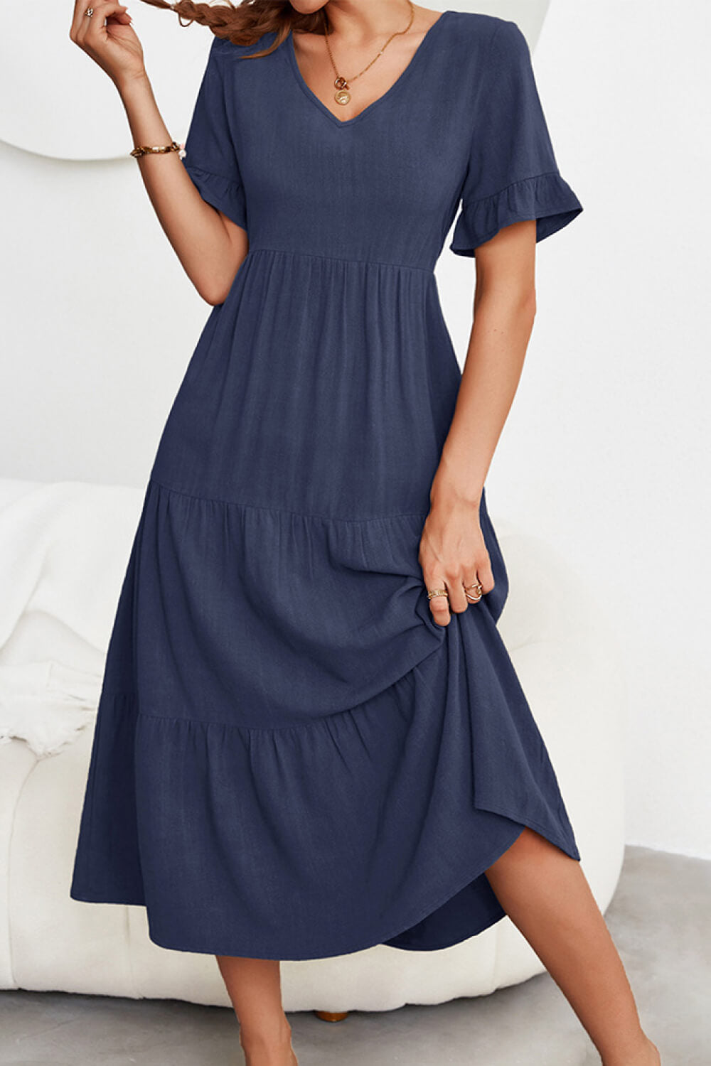 Short Sleeve V-Neck Tiered Dress