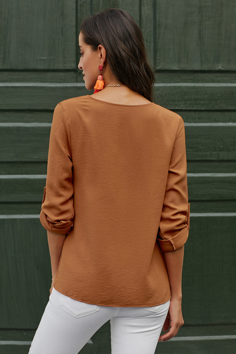 Button Detail Roll Up Sleeve Blouse