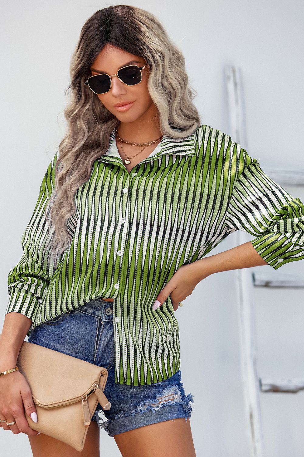 Geometric Print Button Front Curved Hem Shirt