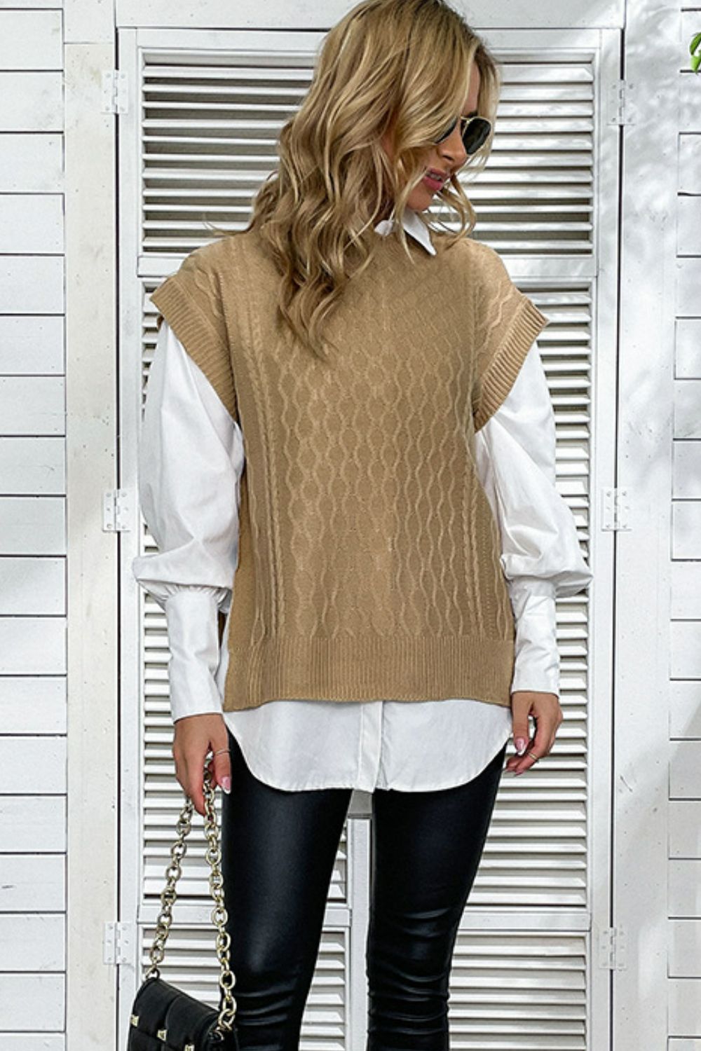 Mixed Knit Crewneck Slit Sweater Vest