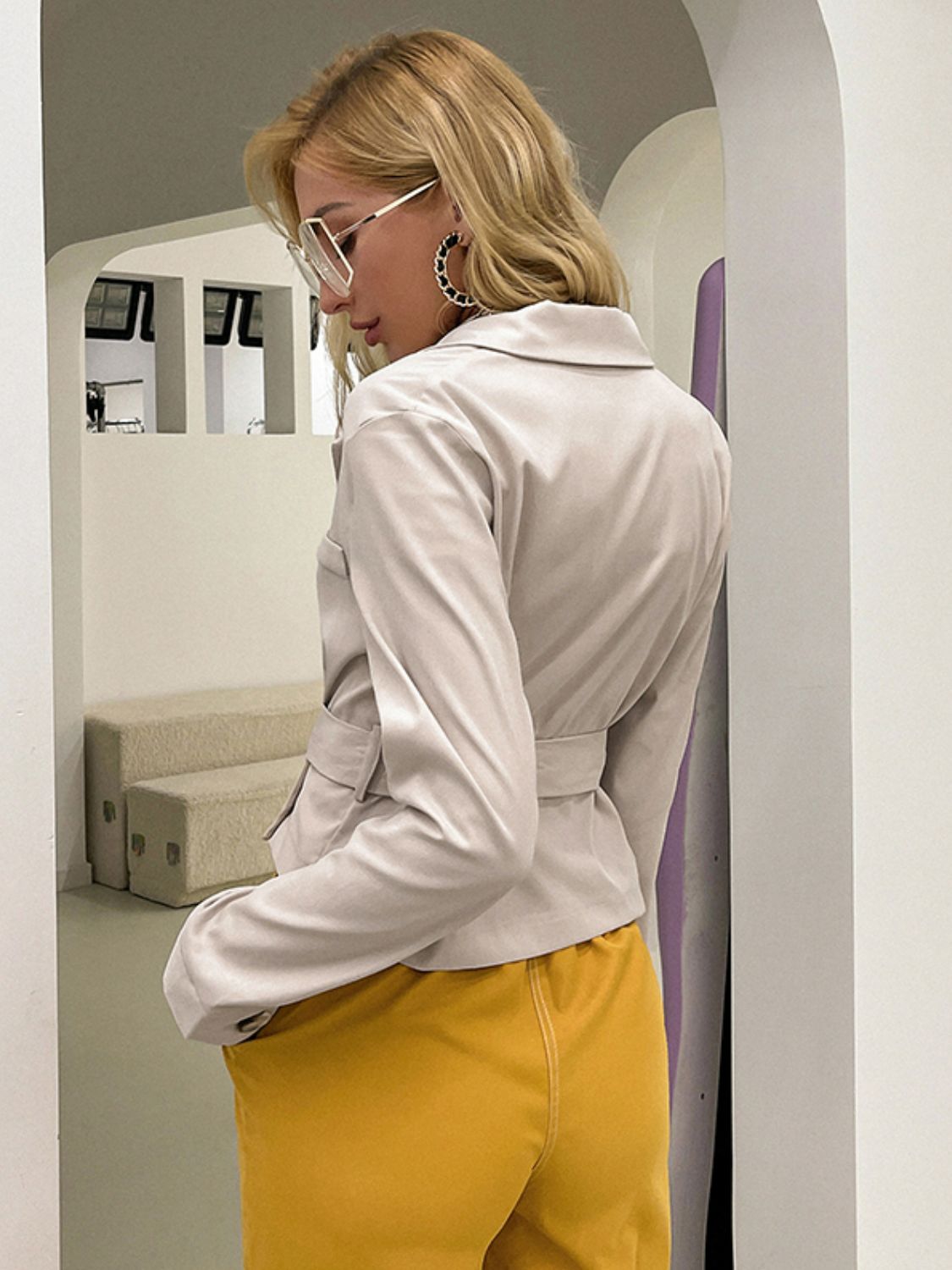 Lapel Collar Long Sleeve Belted Blazer