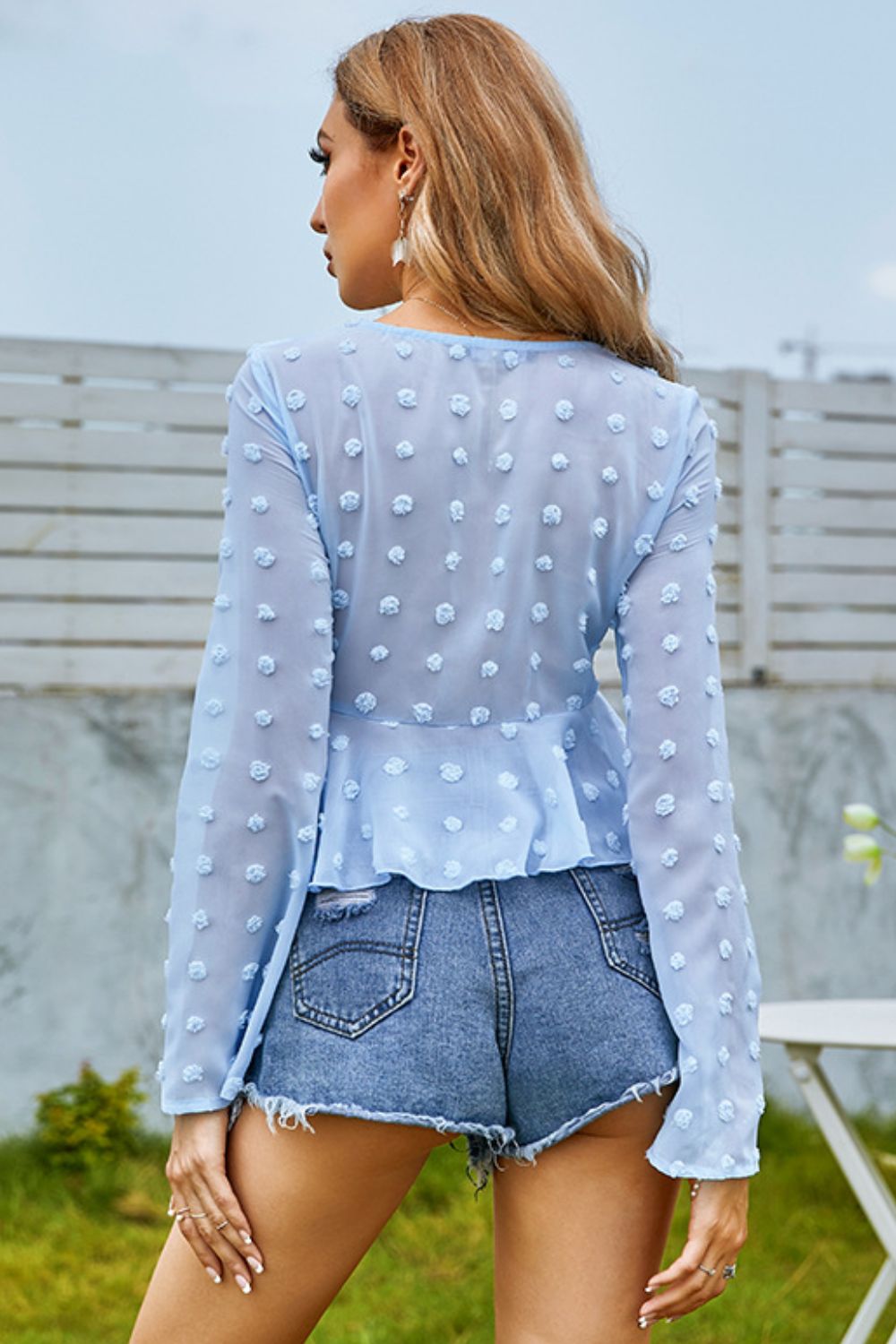 Swiss Dot Drawstring Detail Flare Sleeve Peplum Top