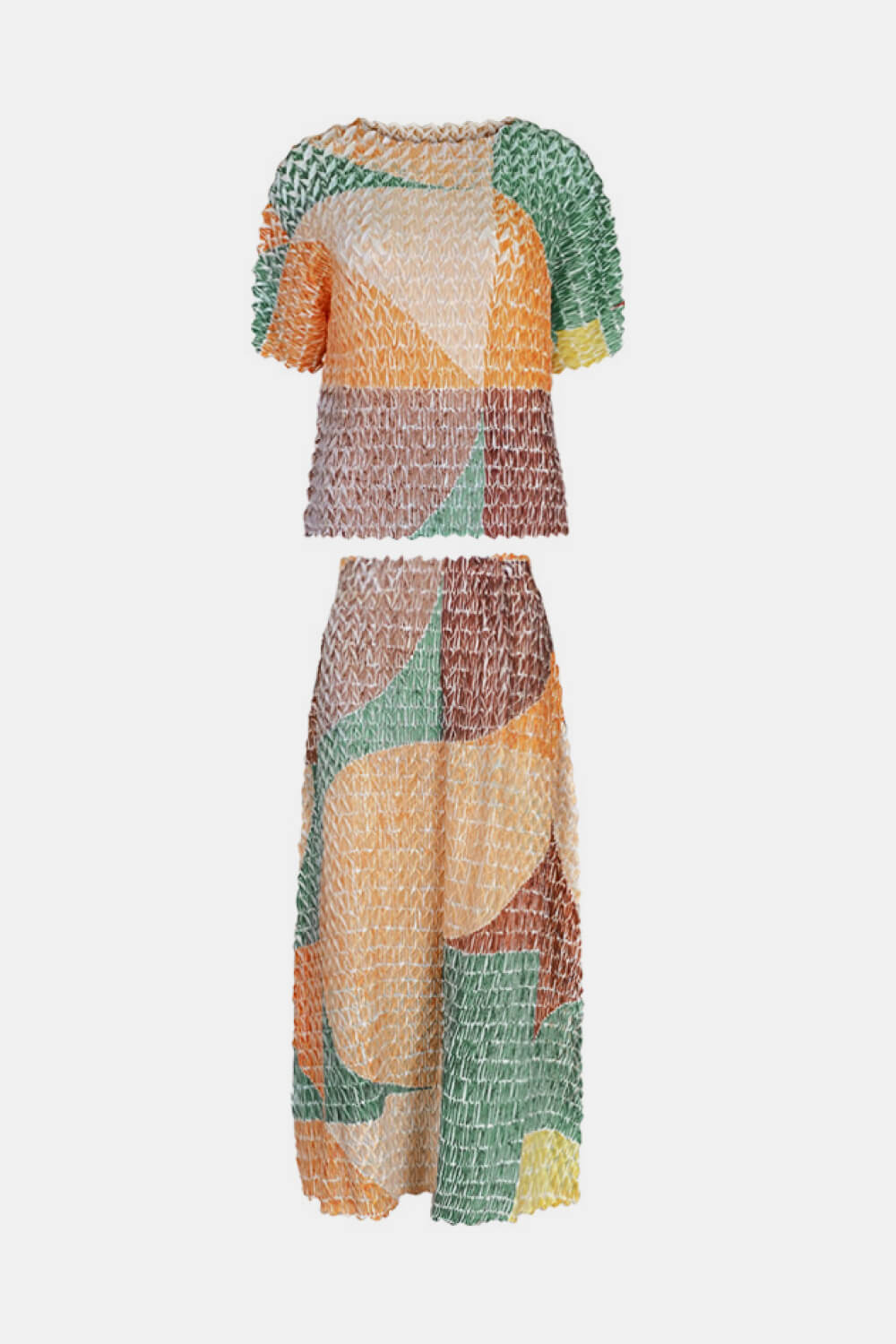 Color Block Pleated Top and Midi Skirt Set