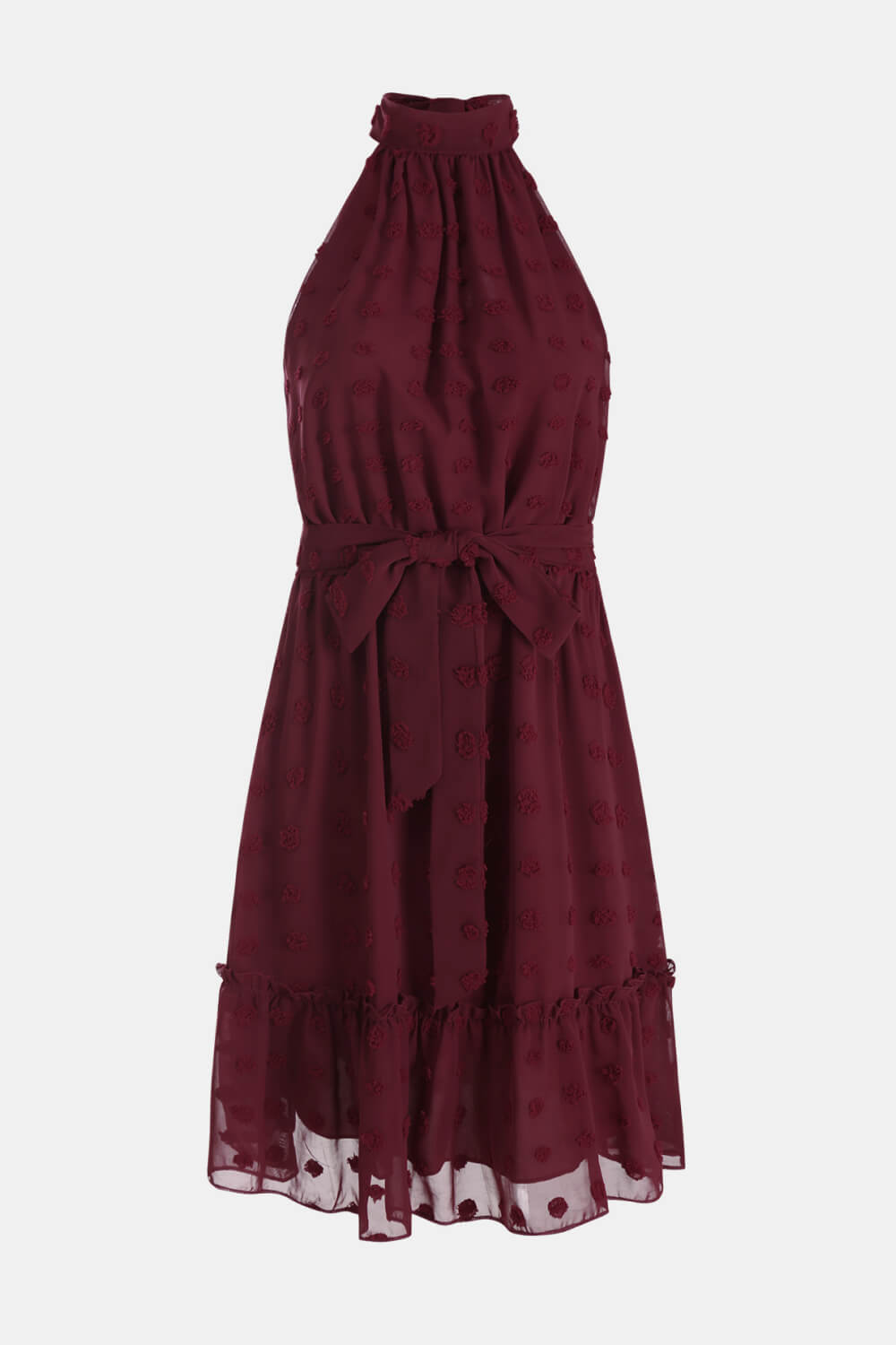 Swiss Dot Tie-Waist Tiered Sleeveless Dress