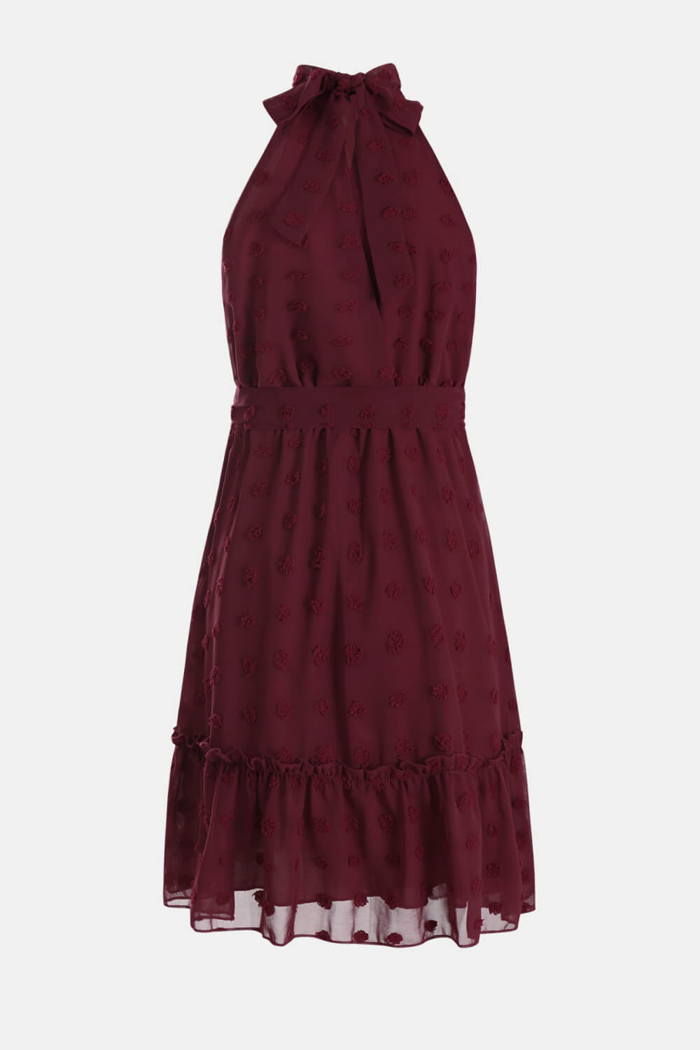 Swiss Dot Tie-Waist Tiered Sleeveless Dress