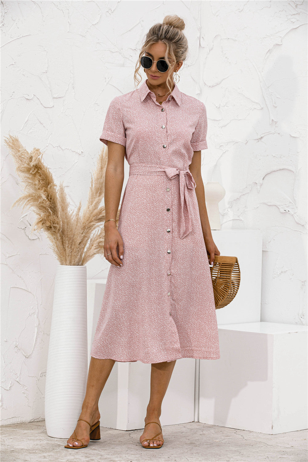 Printed Button Front Belted Shirt Dress
