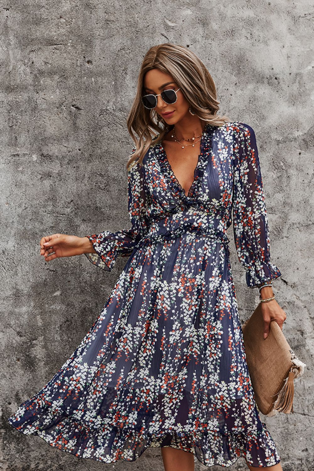 Ditsy Floral Deep V Ruffle Hem Dress