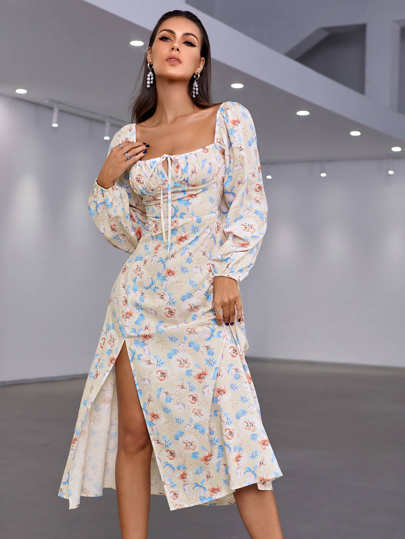 Floral Tie Front Square Neck Split Midi Dress