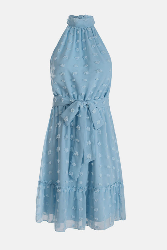 Swiss Dot Tie-Waist Tiered Sleeveless Dress