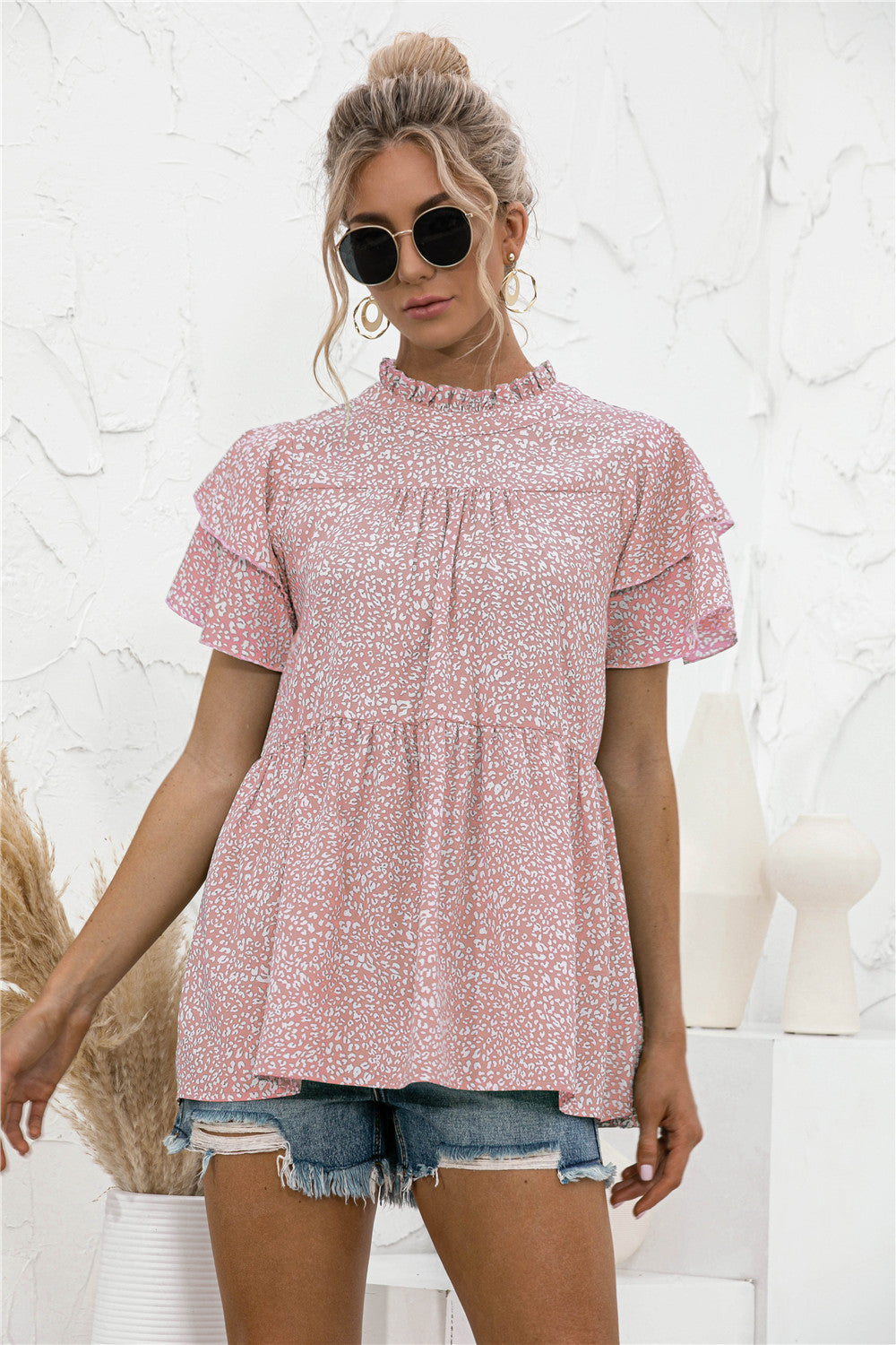Leopard Round Neck Tiered Top