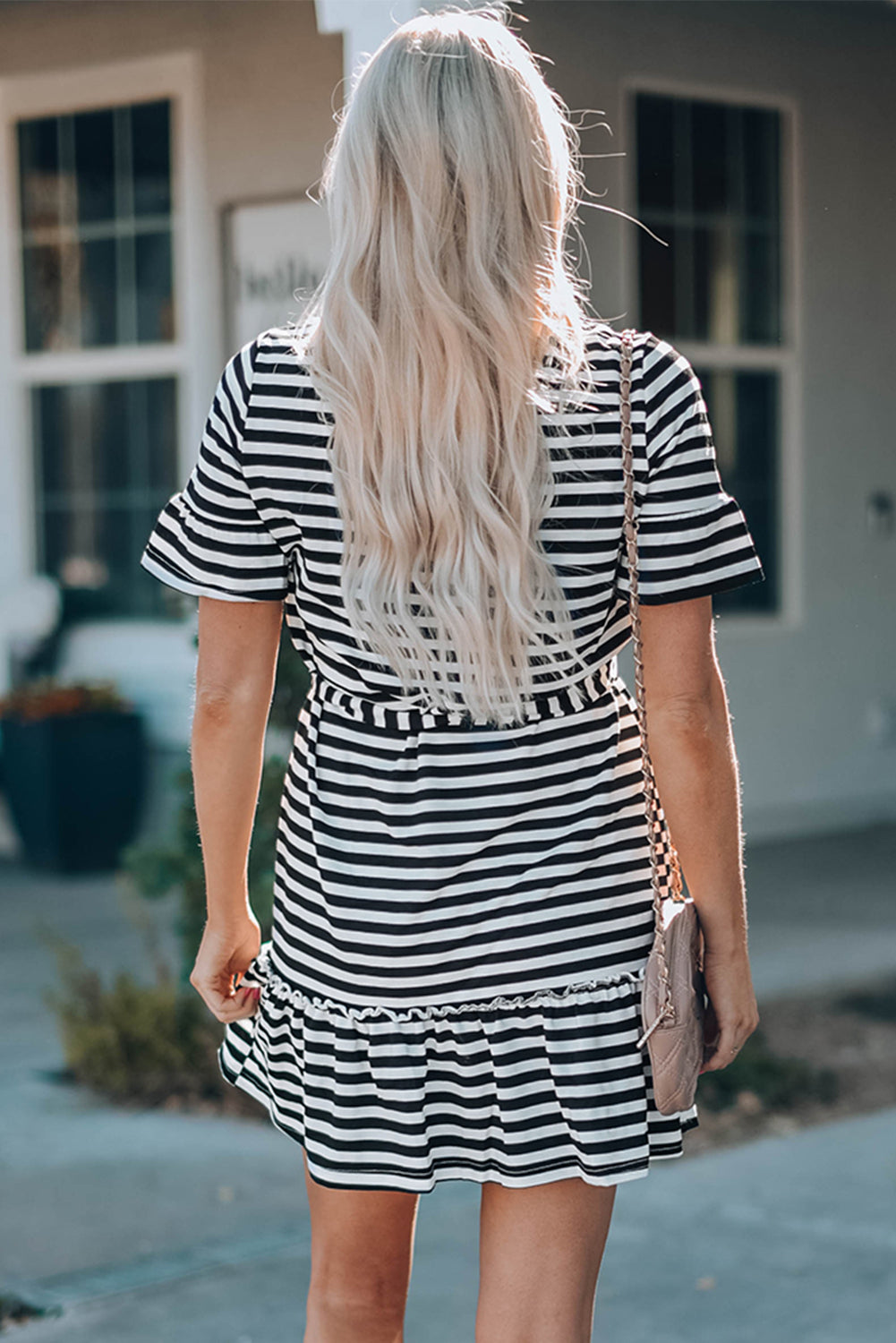 Striped Tie Waist Frill Trim Dress