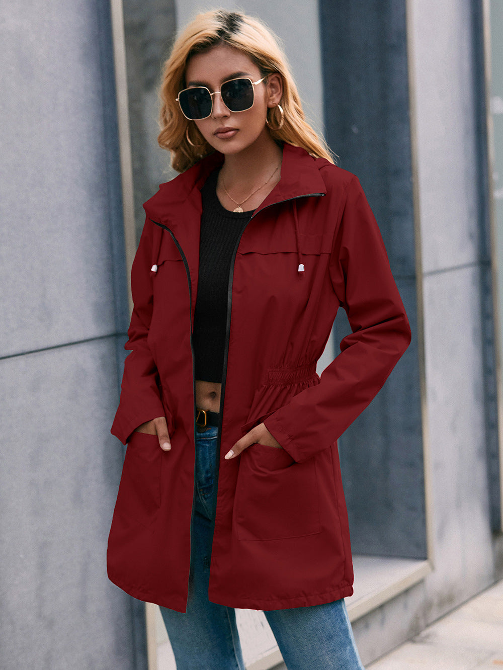Drawstring Zip Up Hooded Outwear