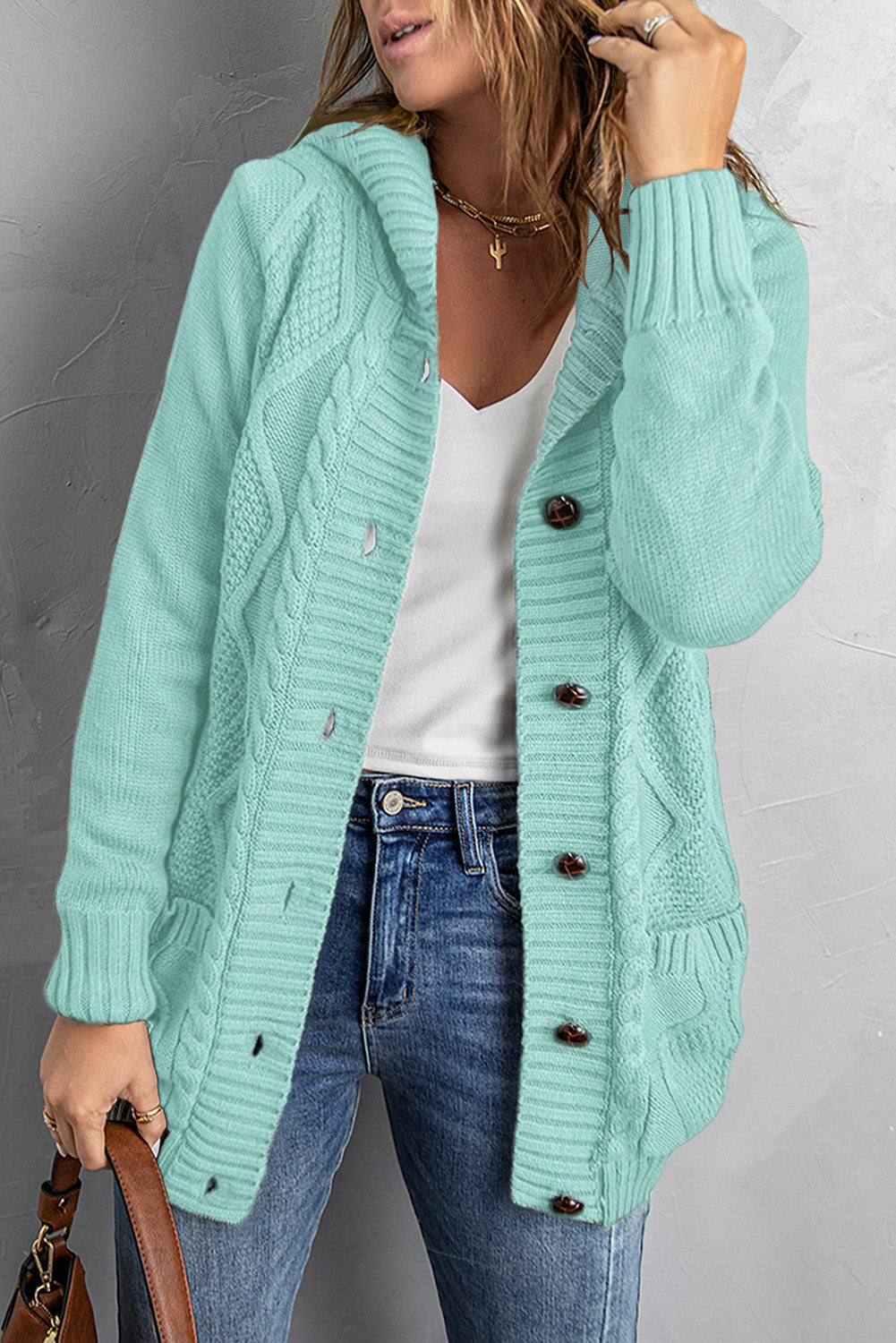 Mixed Print Button Front Hooded Cardigan