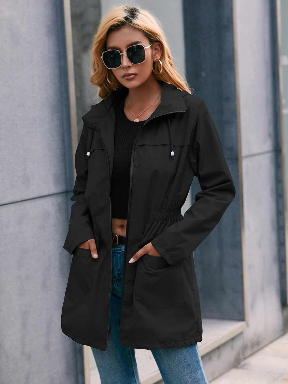 Drawstring Zip Up Hooded Outwear
