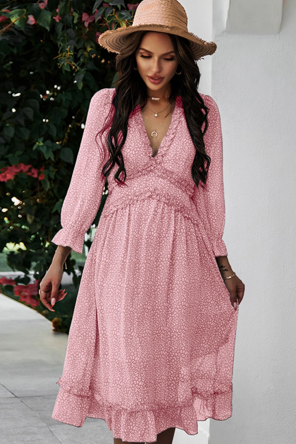 Ditsy Floral Deep V Ruffle Hem Dress