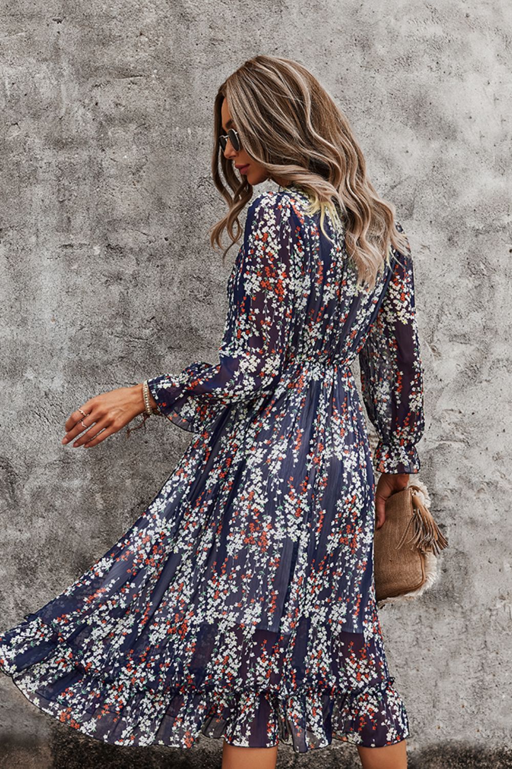 Ditsy Floral Deep V Ruffle Hem Dress
