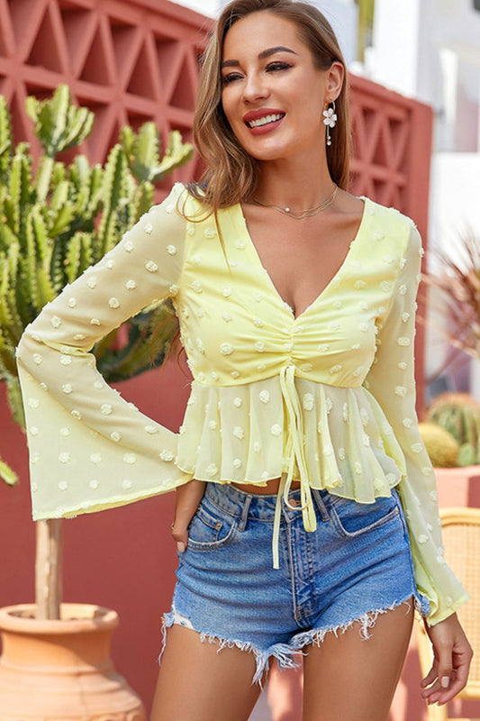 Swiss Dot Drawstring Detail Flare Sleeve Peplum Top