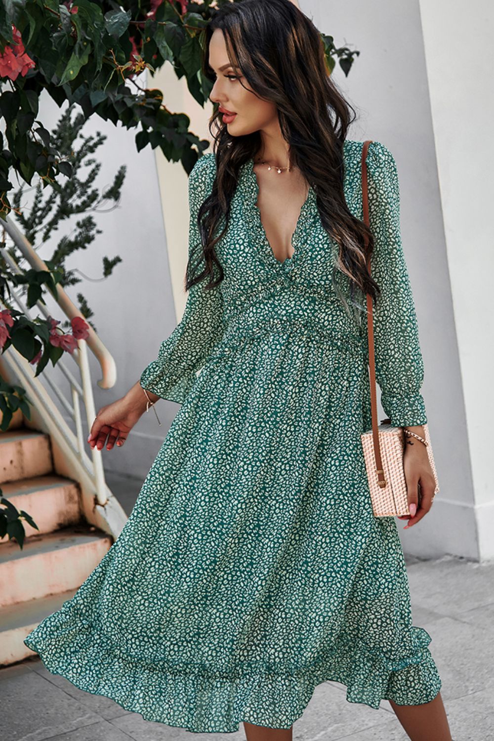 Ditsy Floral Deep V Ruffle Hem Dress