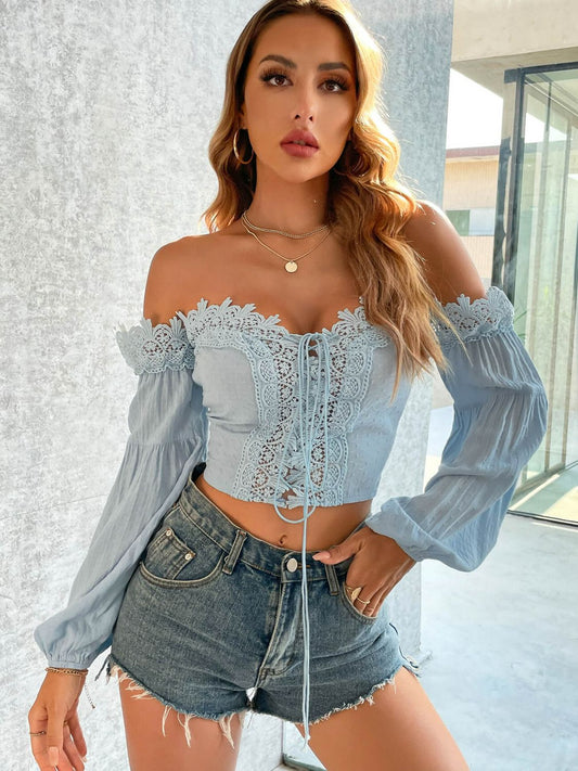 Spliced Lace Tie Front Balloon Sleeve Top