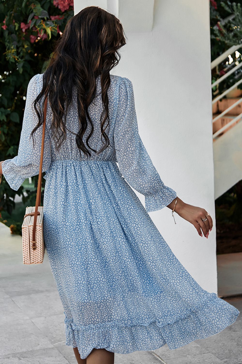 Ditsy Floral Deep V Ruffle Hem Dress