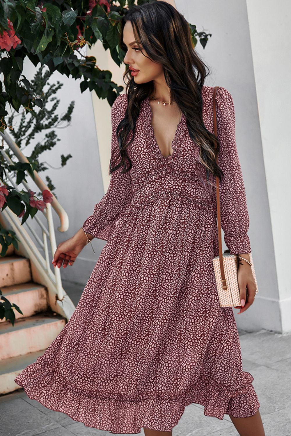 Ditsy Floral Deep V Ruffle Hem Dress