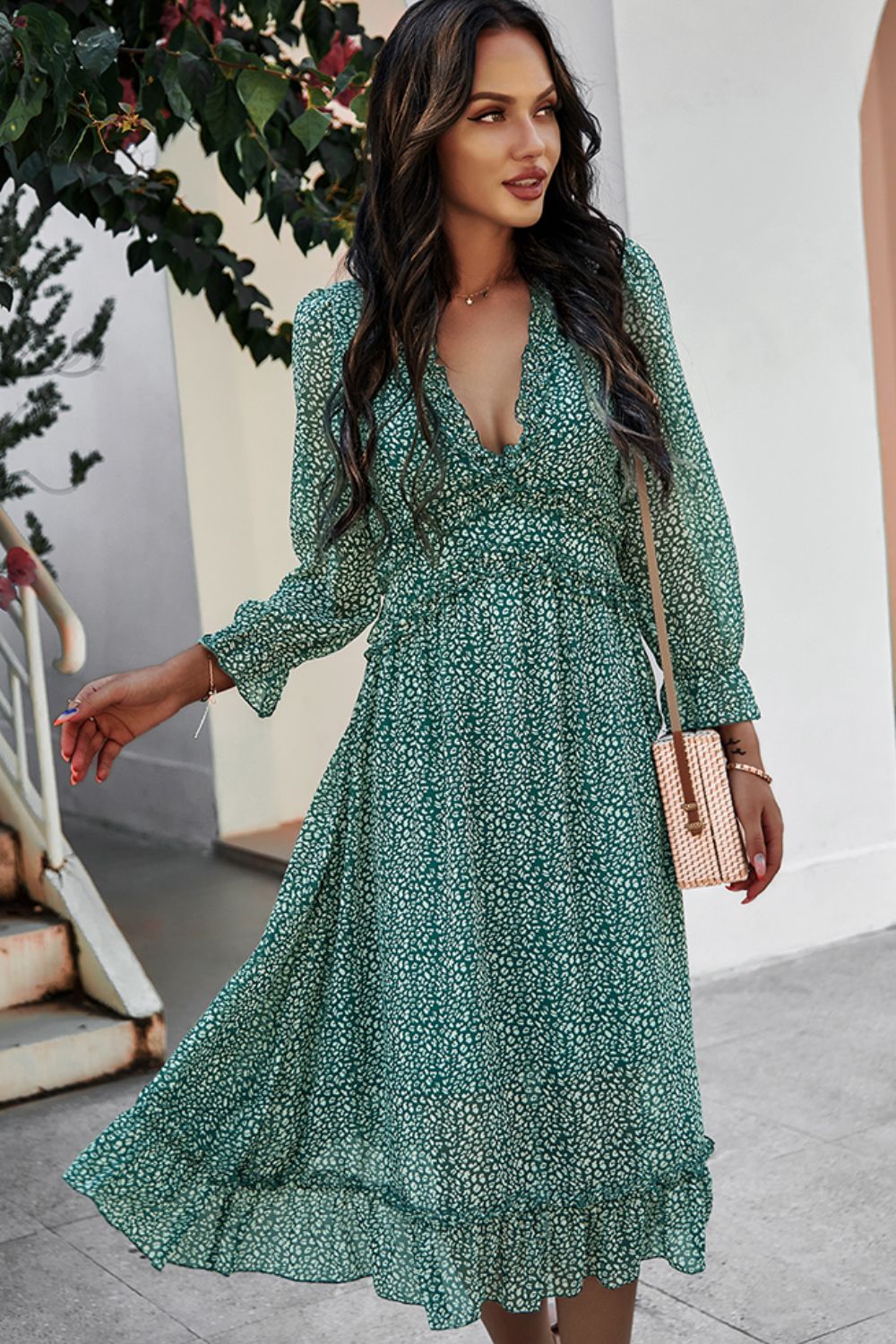 Ditsy Floral Deep V Ruffle Hem Dress