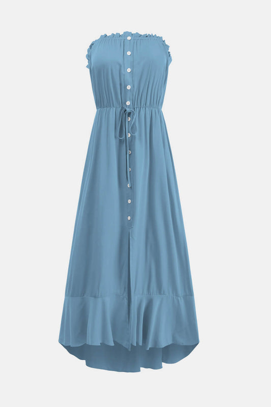 Tie Waist Strapless Asymmetrical Hem Dress
