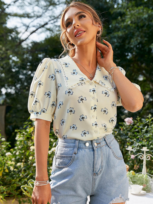 Floral Lace Trim Short Puff Sleeve Shirt