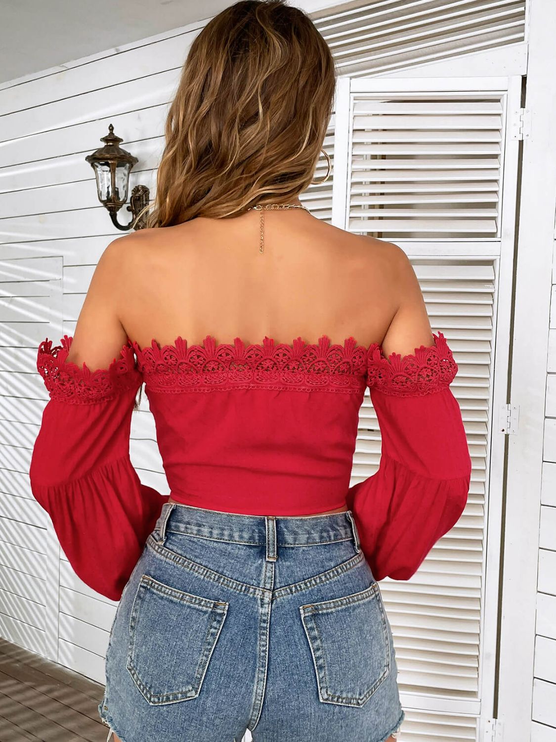 Spliced Lace Tie Front Balloon Sleeve Top