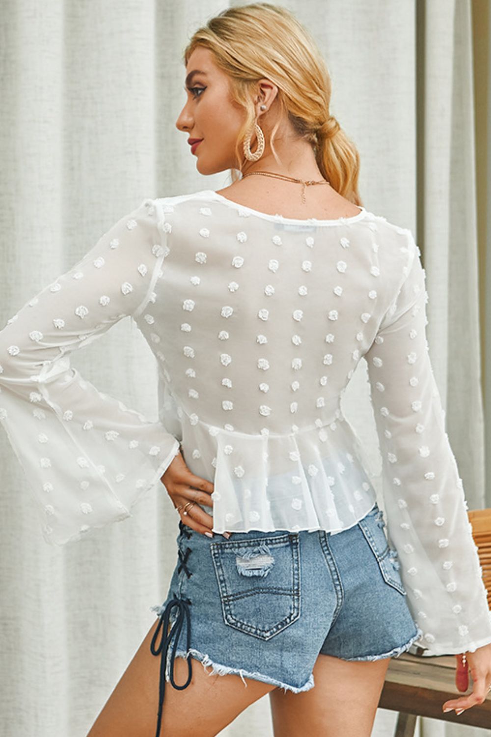 Swiss Dot Drawstring Detail Flare Sleeve Peplum Top