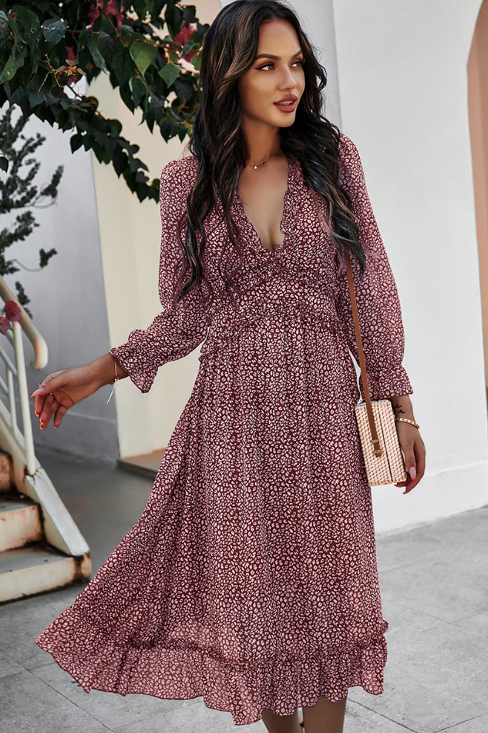 Ditsy Floral Deep V Ruffle Hem Dress