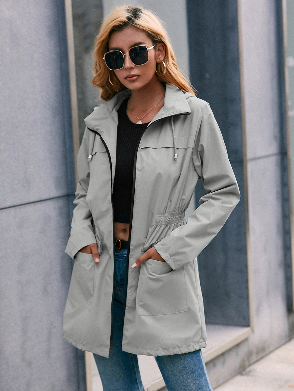 Drawstring Zip Up Hooded Outwear