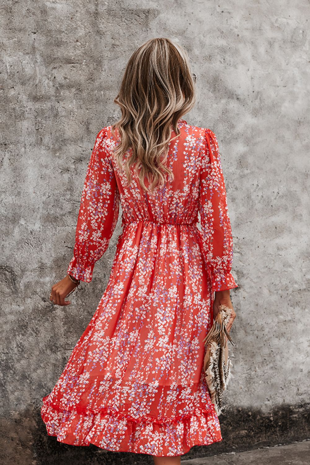 Ditsy Floral Deep V Ruffle Hem Dress
