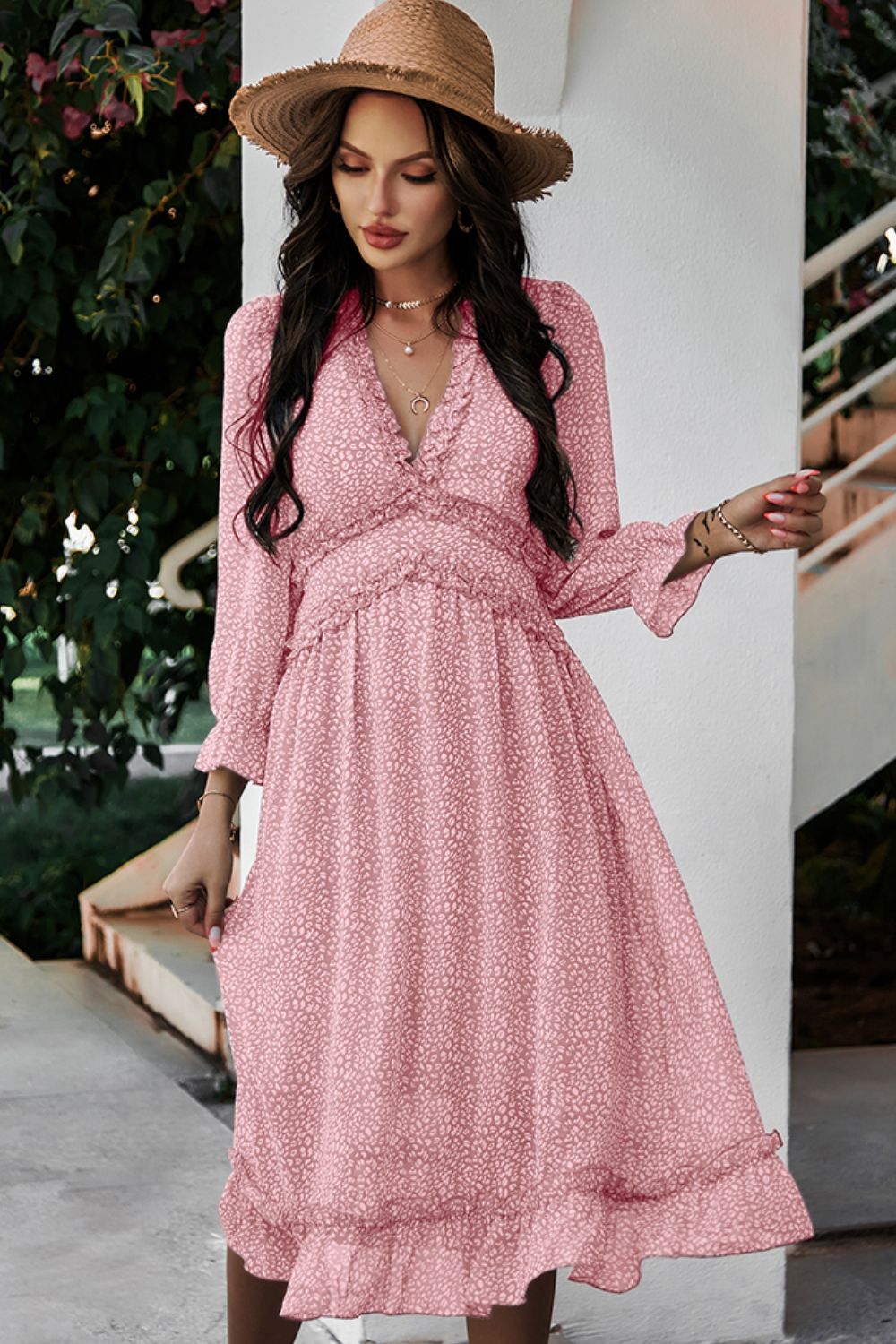 Ditsy Floral Deep V Ruffle Hem Dress