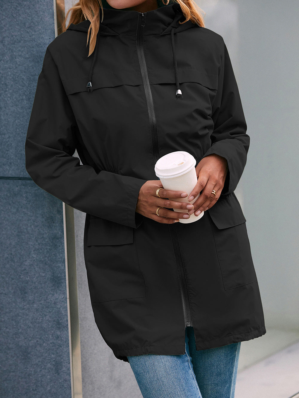 Drawstring Zip Up Hooded Outwear