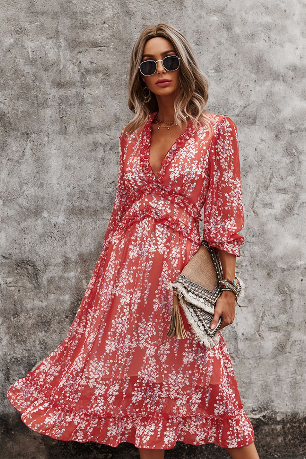 Ditsy Floral Deep V Ruffle Hem Dress