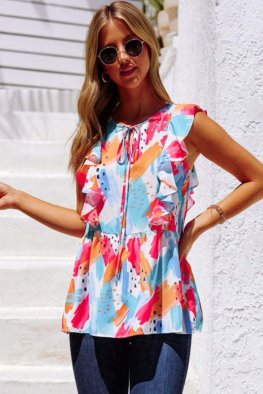 Multicolor Tie-Neck Ruffle Peplum Top