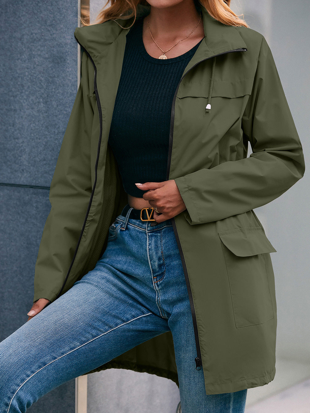 Drawstring Zip Up Hooded Outwear