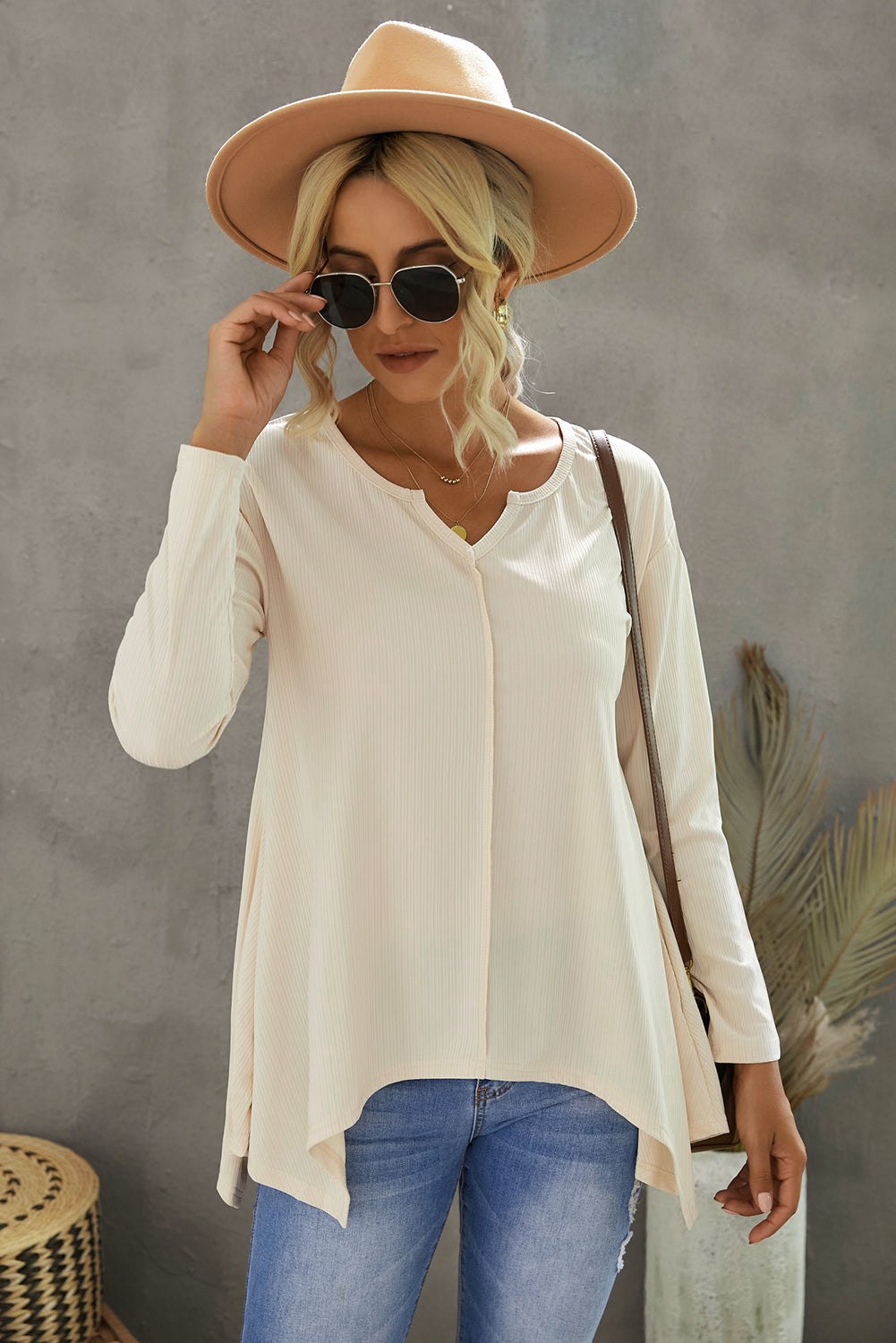 Notched Neck Asymmetric Hem Top