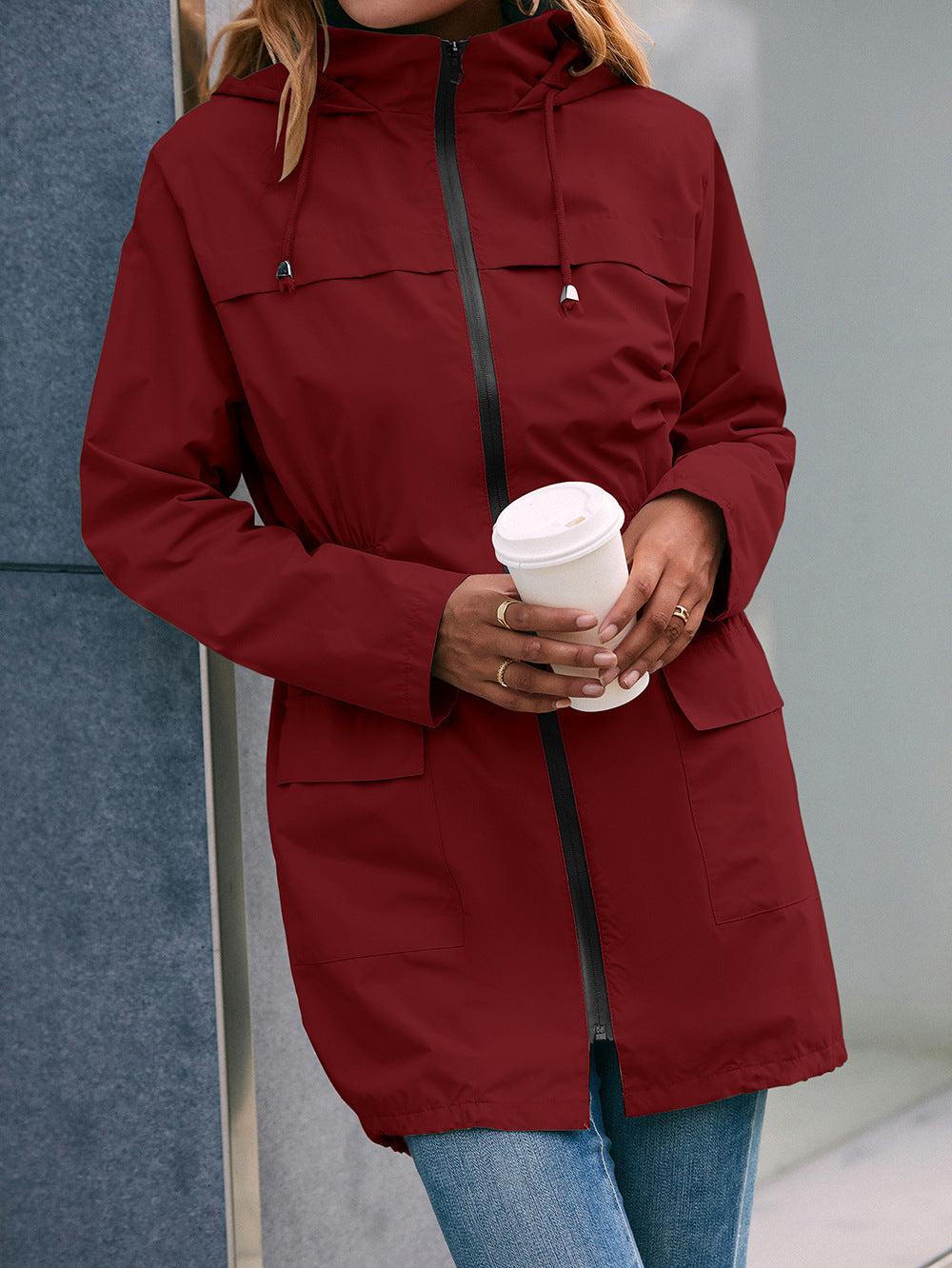 Drawstring Zip Up Hooded Outwear