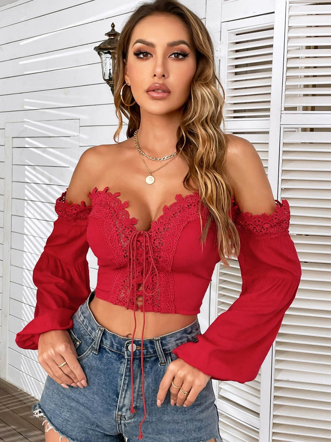 Spliced Lace Tie Front Balloon Sleeve Top