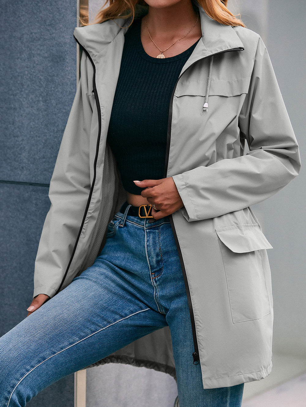 Drawstring Zip Up Hooded Outwear
