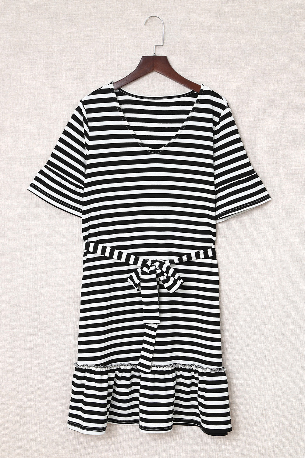 Striped Tie Waist Frill Trim Dress