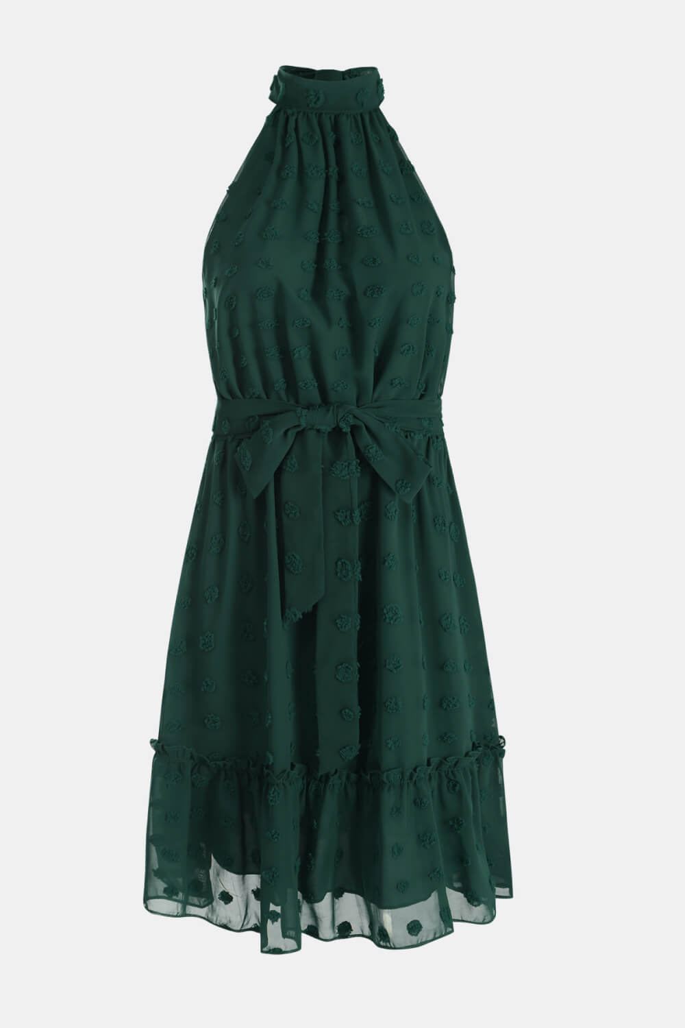Swiss Dot Tie-Waist Tiered Sleeveless Dress